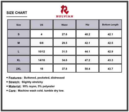Size Chart - Women's Distressed Jeans with Pockets Premium Stretch Denim Casual Trendy Everyday Versatile Buttoned Pants
