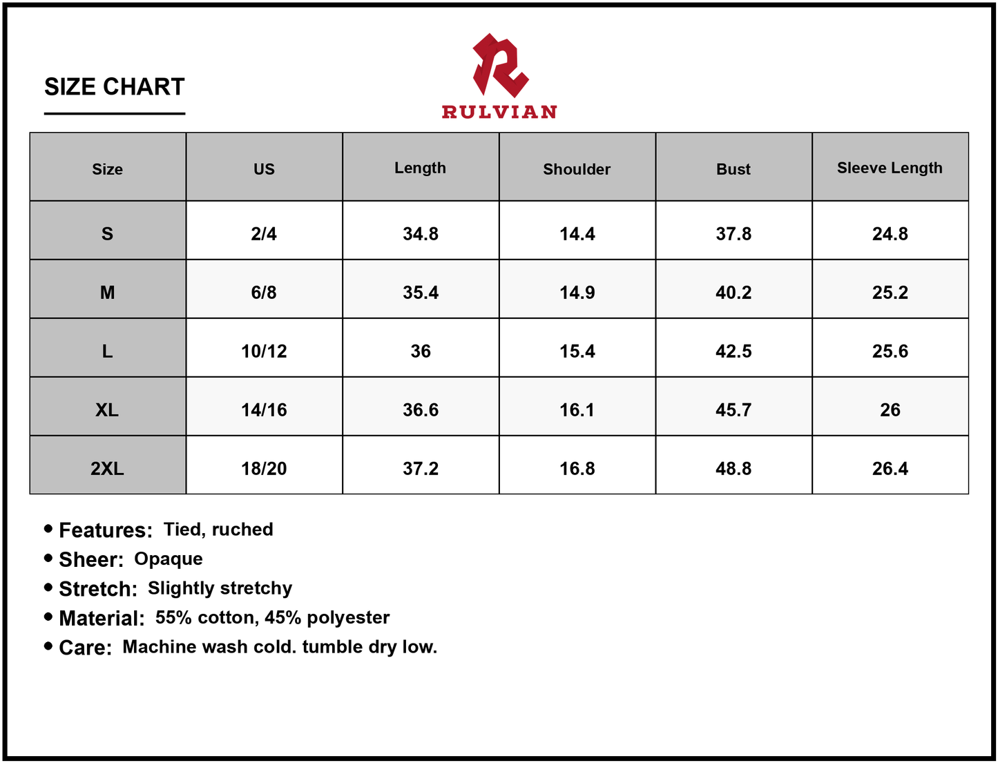 Size Chart - Women's Christmas Front Tied Long Sleeve Dress with Ruched and Fifty Five Percent Cotton Forty Five Percent Polyester