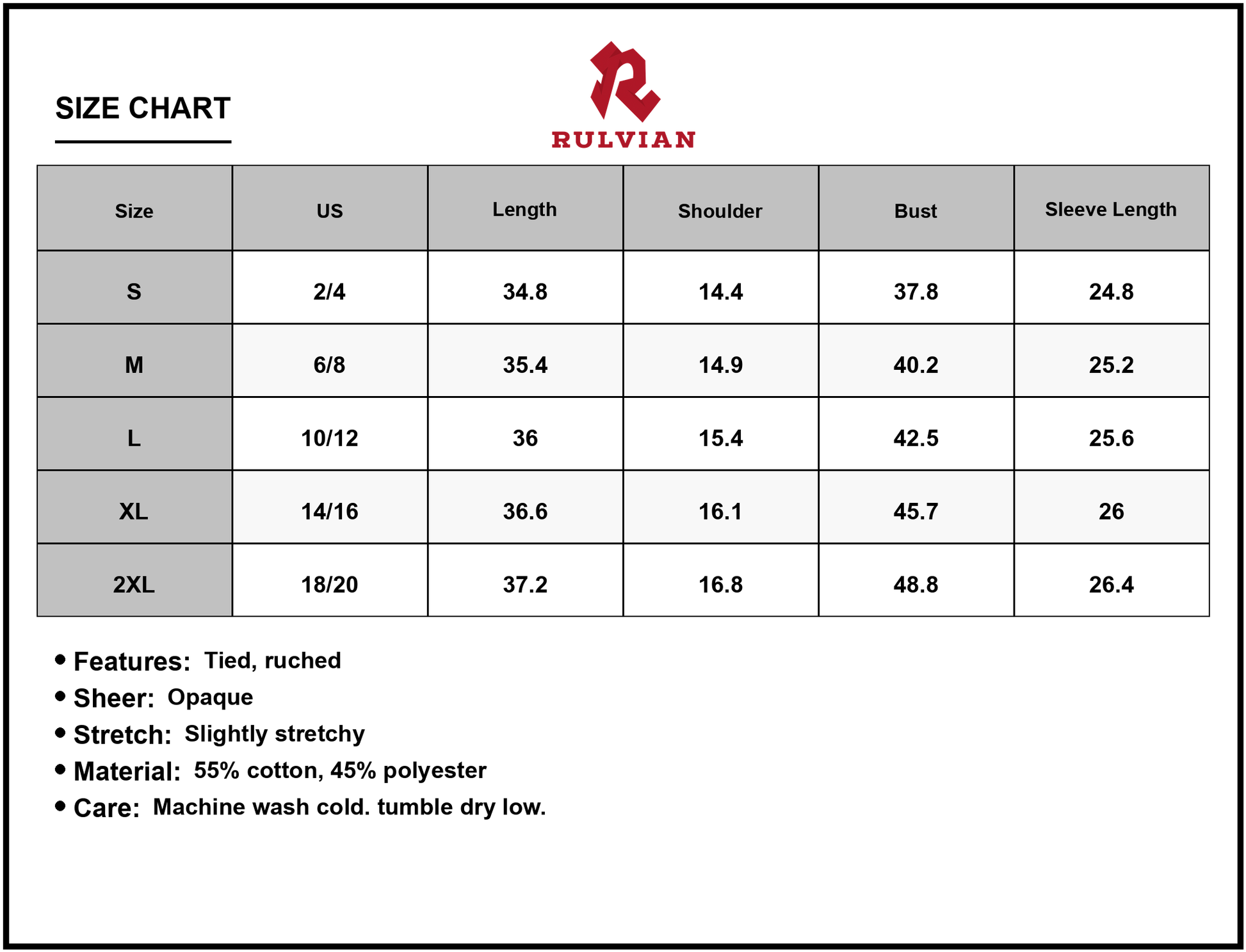 Size Chart - Women's Christmas Front Tied Long Sleeve Dress with Ruched and Fifty Five Percent Cotton Forty Five Percent Polyester