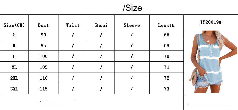 Size Chart - Tie-dye Gradient Print Buttoned Vest T-shirt