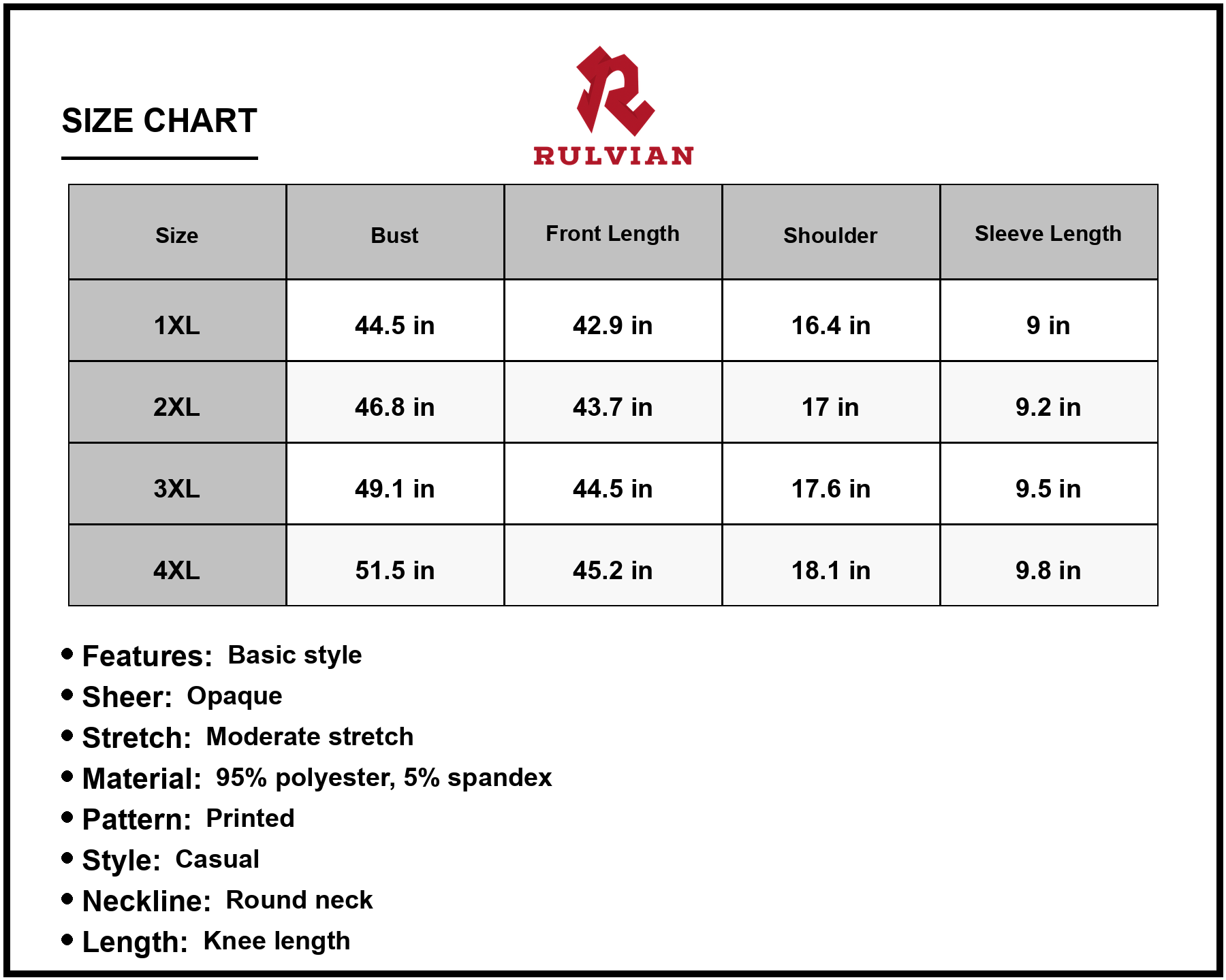 Size Chart - Women's Round Neck Short Sleeve Printed Dress Knee Length Aline Ninety Five Percent Polyester Five Percent Spandex