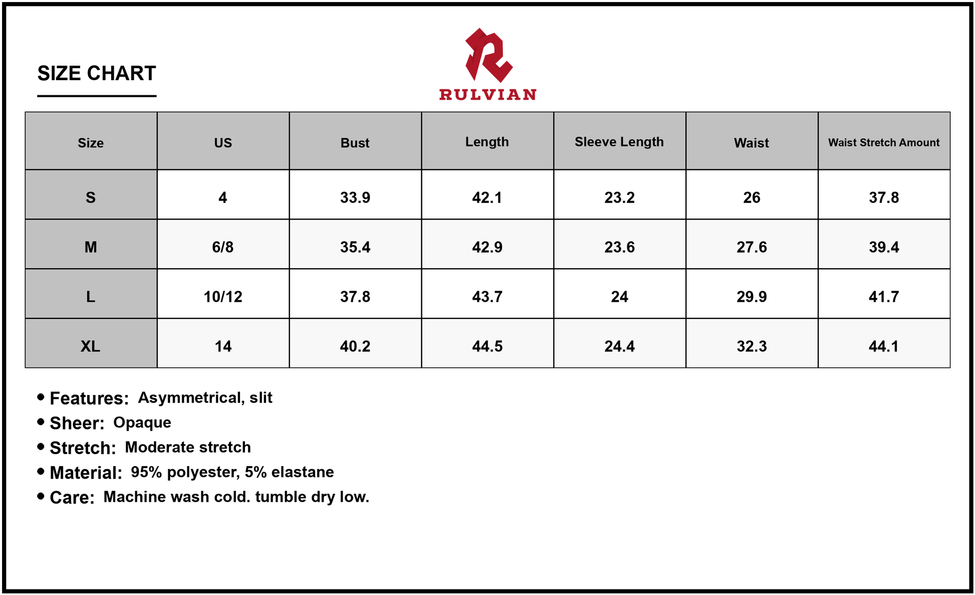 Size Chart - Women's Asymmetrical Slit Round Neck Long Sleeve Midi Dress Featuring 95% Polyester 5% Elastane for Elegant Flow