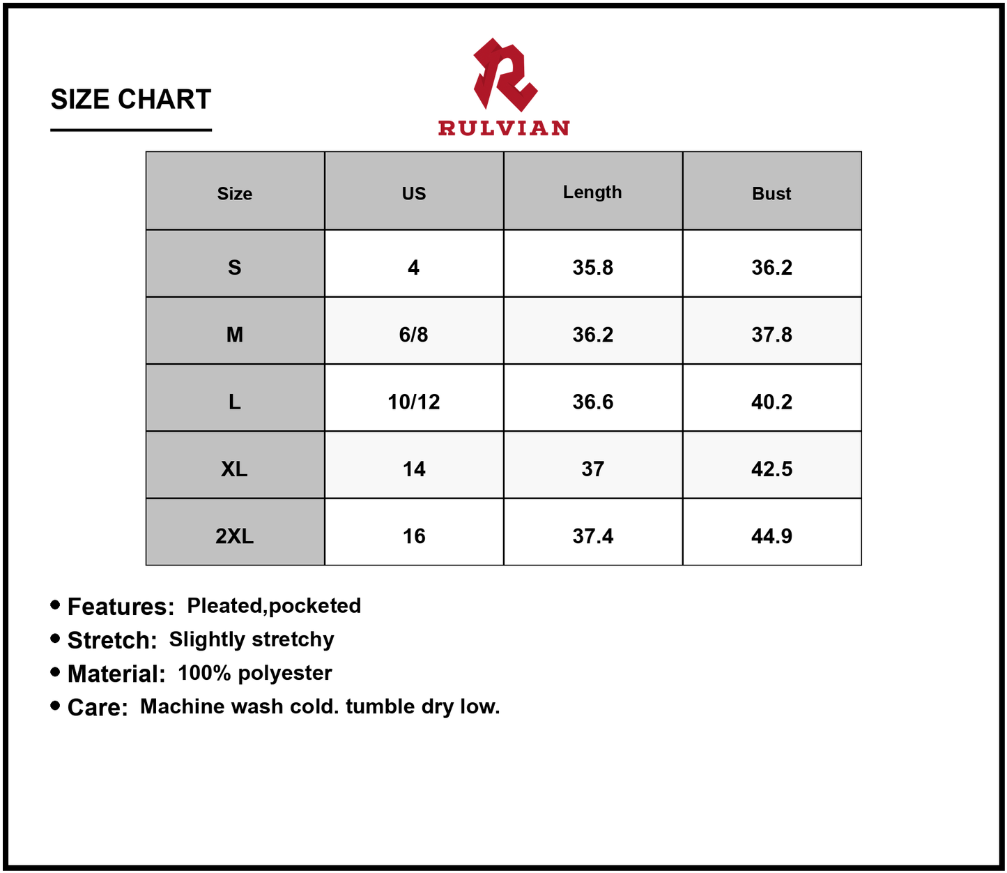 Size Chart - Women's Flowy Pleated Tank Dress with Pockets 100% Polyester Lightweight Comfort Wear Summer Day to Night Ready