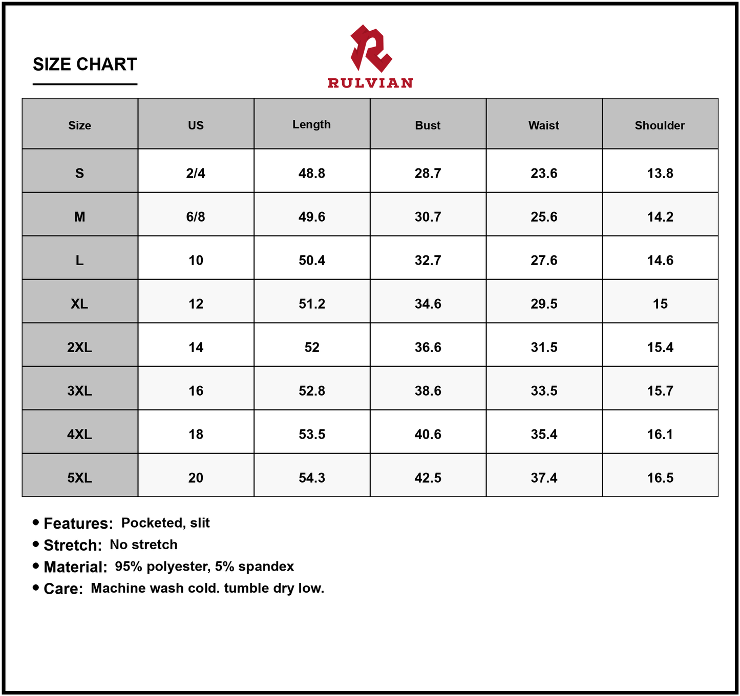Size Chart - Women's Maxi Tank Dress with Round Neck and Slit Full Length Sleeveless Pocketed Plus Size 95% Polyester 5% Spandex