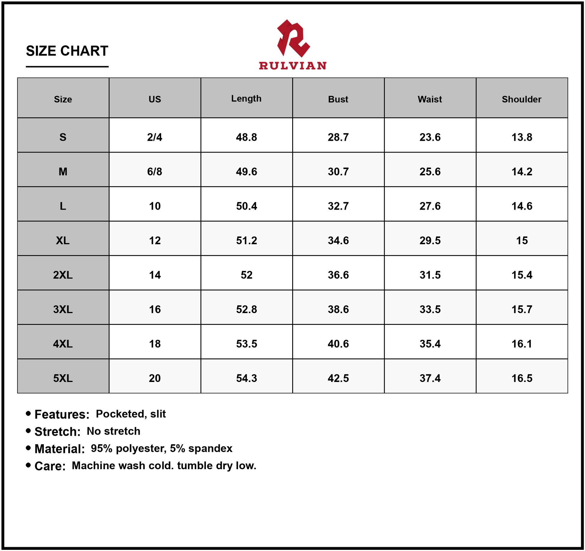 Size Chart - Women's Maxi Tank Dress with Round Neck and Slit Full Length Sleeveless Pocketed Plus Size 95% Polyester 5% Spandex