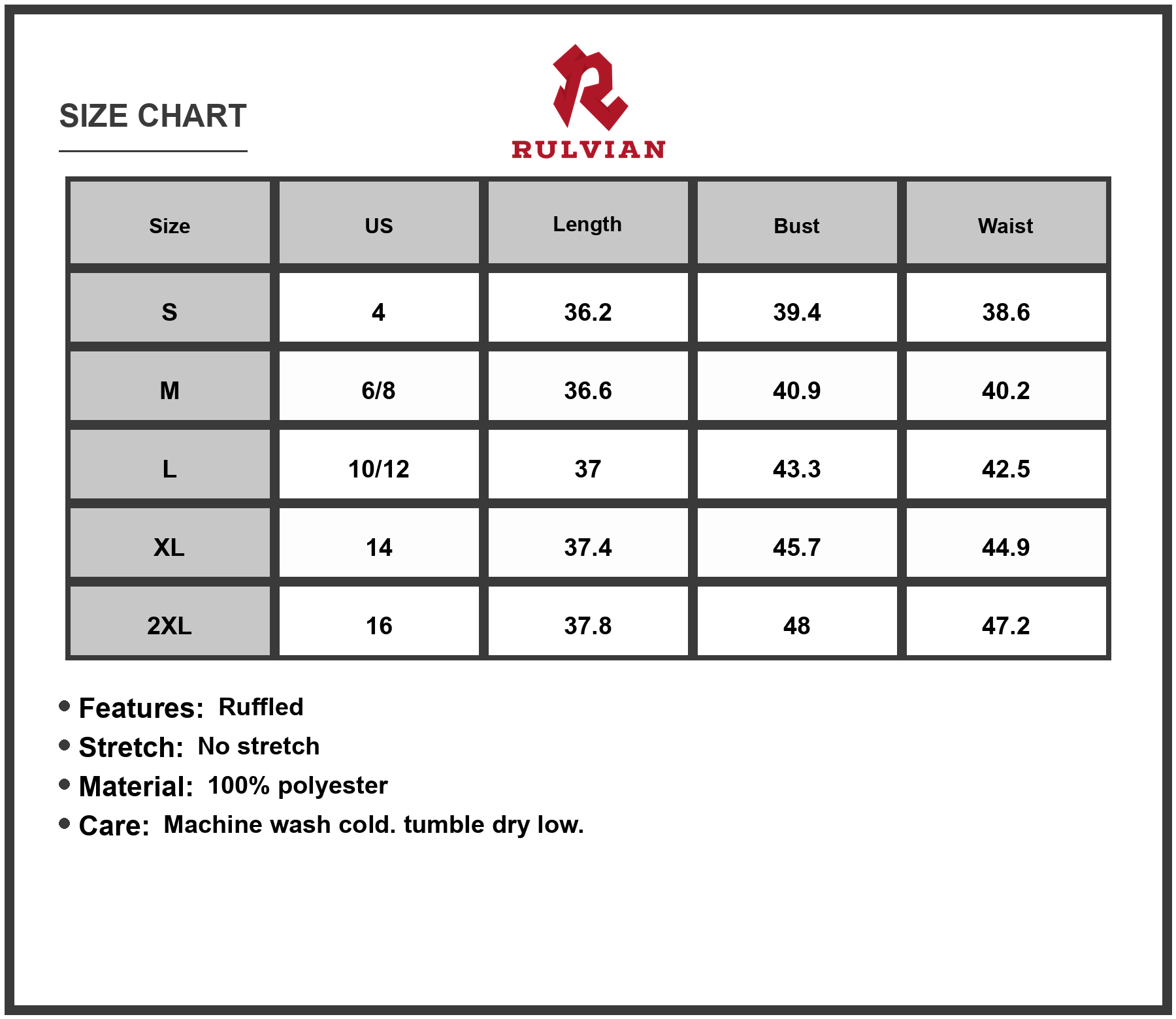 Size Chart - Women's Round Neck Short Sleeve Mini Dress with Ruffles and No Stretch 100% Polyester Lightweight Ultra All Day Comfort