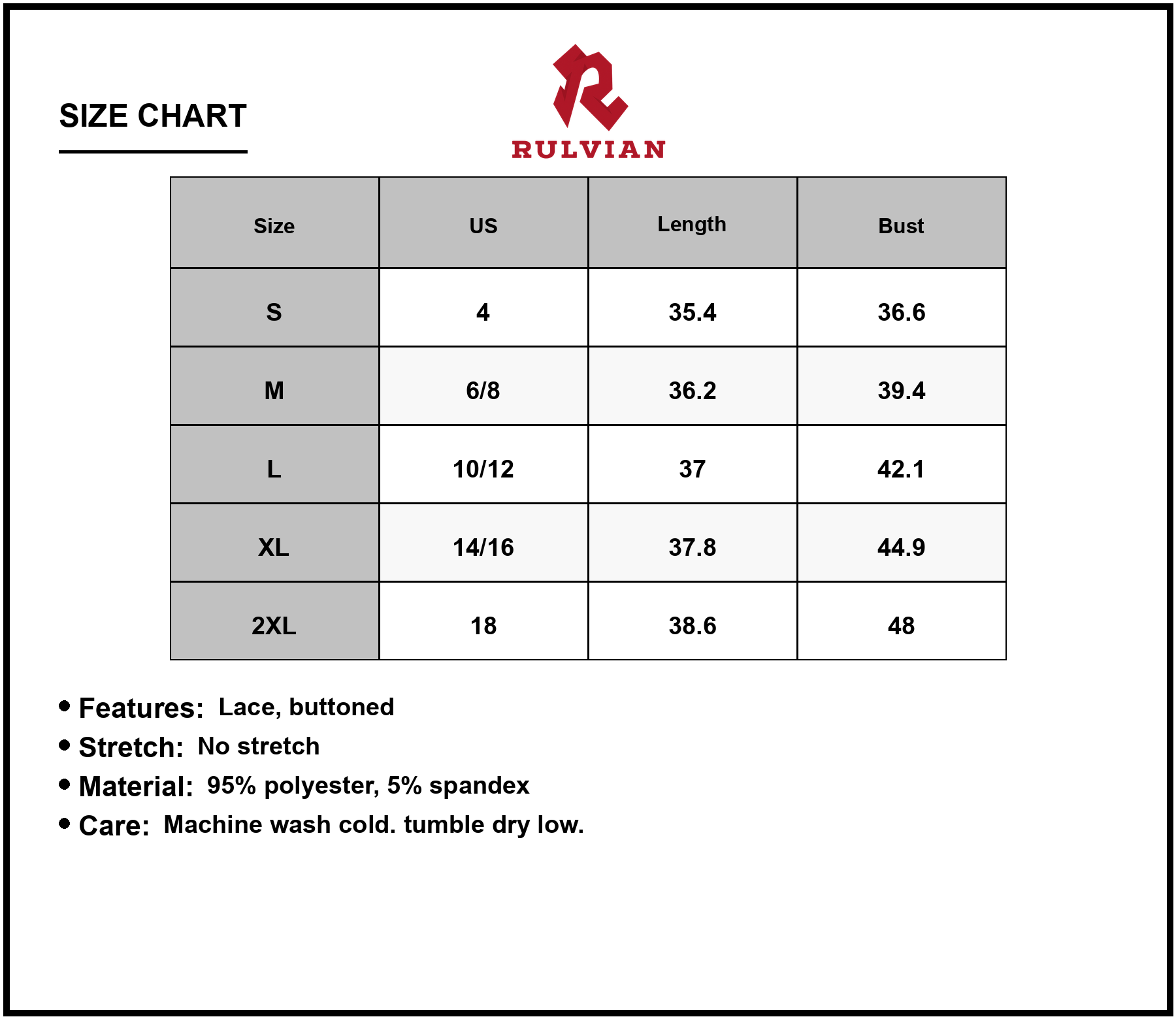 Size Chart - Women's Ruffled Hem Lace Sleeveless Dress with Elegant Twist and Breathable Everyday Comfort 95% Polyester 5% Spandex