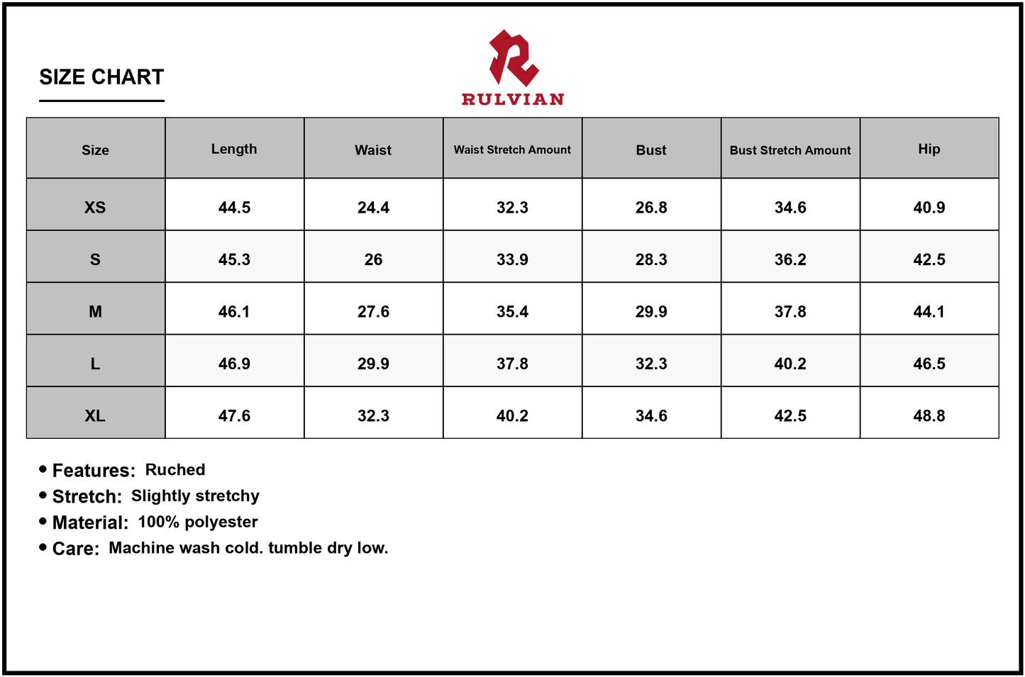 Size Chart - Women's Printed Side Slit Ruched Stretch Tube Dress 100% Polyester Made For Everyday Wear Flattering Knee Length
