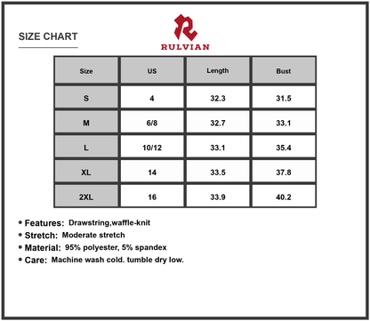 Size Chart - Women's Waffle Knit Square Neck Mini Tank Dress with Drawstring and Stretch Soft Jersey Wear 95% polyester 5% spandex