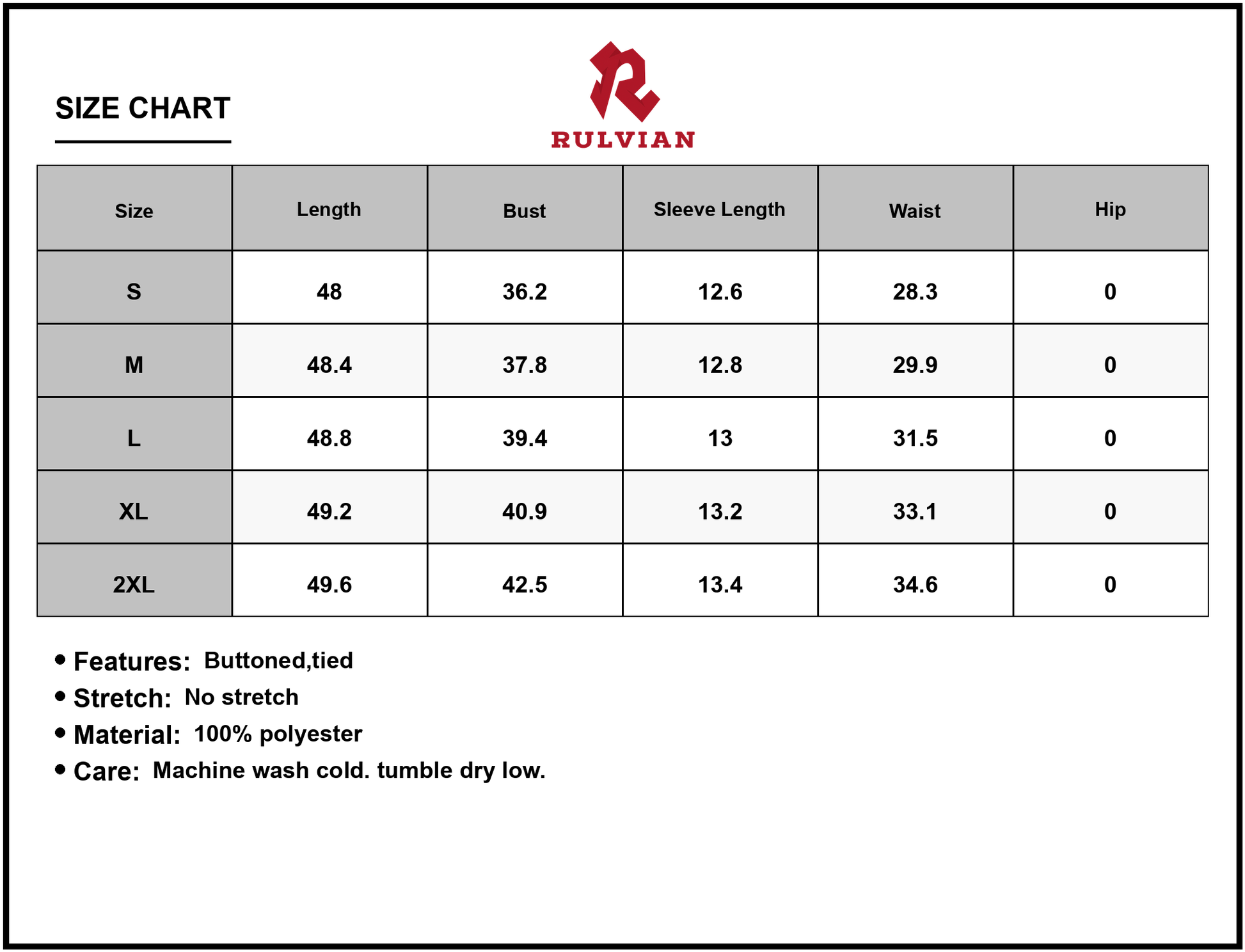 Size Chart - Womens Printed Short Sleeve Shirt Dress 100% Polyester Fabric Light Breathable Everyday Wear Easy Care Versatile