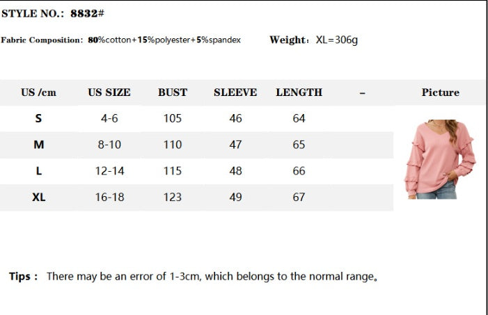 Women's Waffle V Neck Flounce Top For Autumn And Winter 100% Cotton Loose Fit Casual Style Soft Cozy Wear