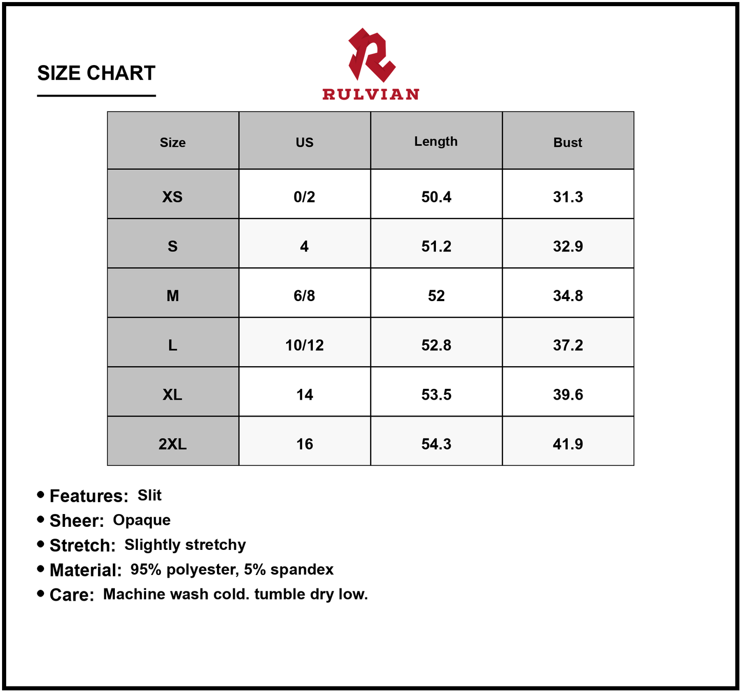 Size Chart - Women's Slit Scoop Neck Sleeveless Dress with Sheer Detail and Opaque Stretch 95% polyester and 5% spandex Chic