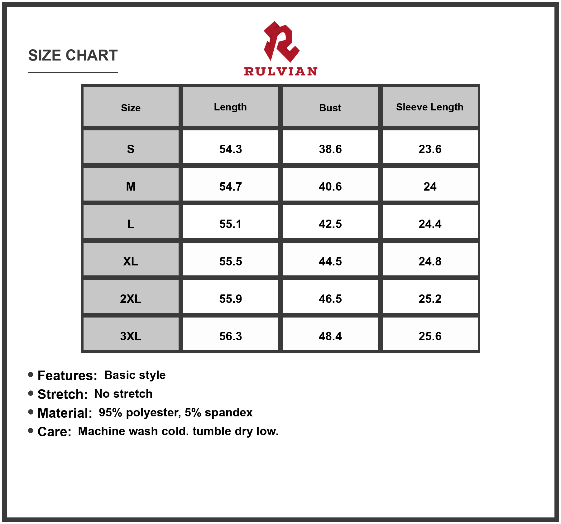 Size Chart - Women's Full Size V Neck Long Sleeve Midi Dress 95% Polyester 5% Spandex Not Lined Classic Everyday Easy Care Wear