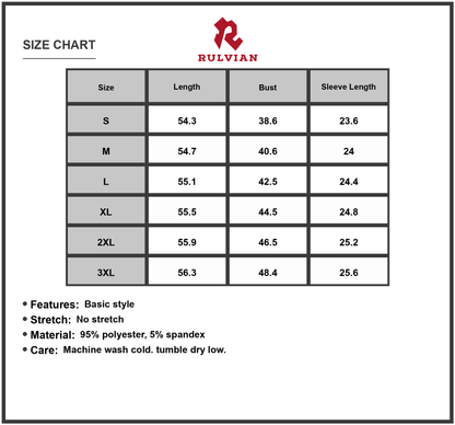 Size Chart - Women's Full Size V Neck Long Sleeve Midi Dress 95% Polyester 5% Spandex Not Lined Classic Everyday Easy Care Wear
