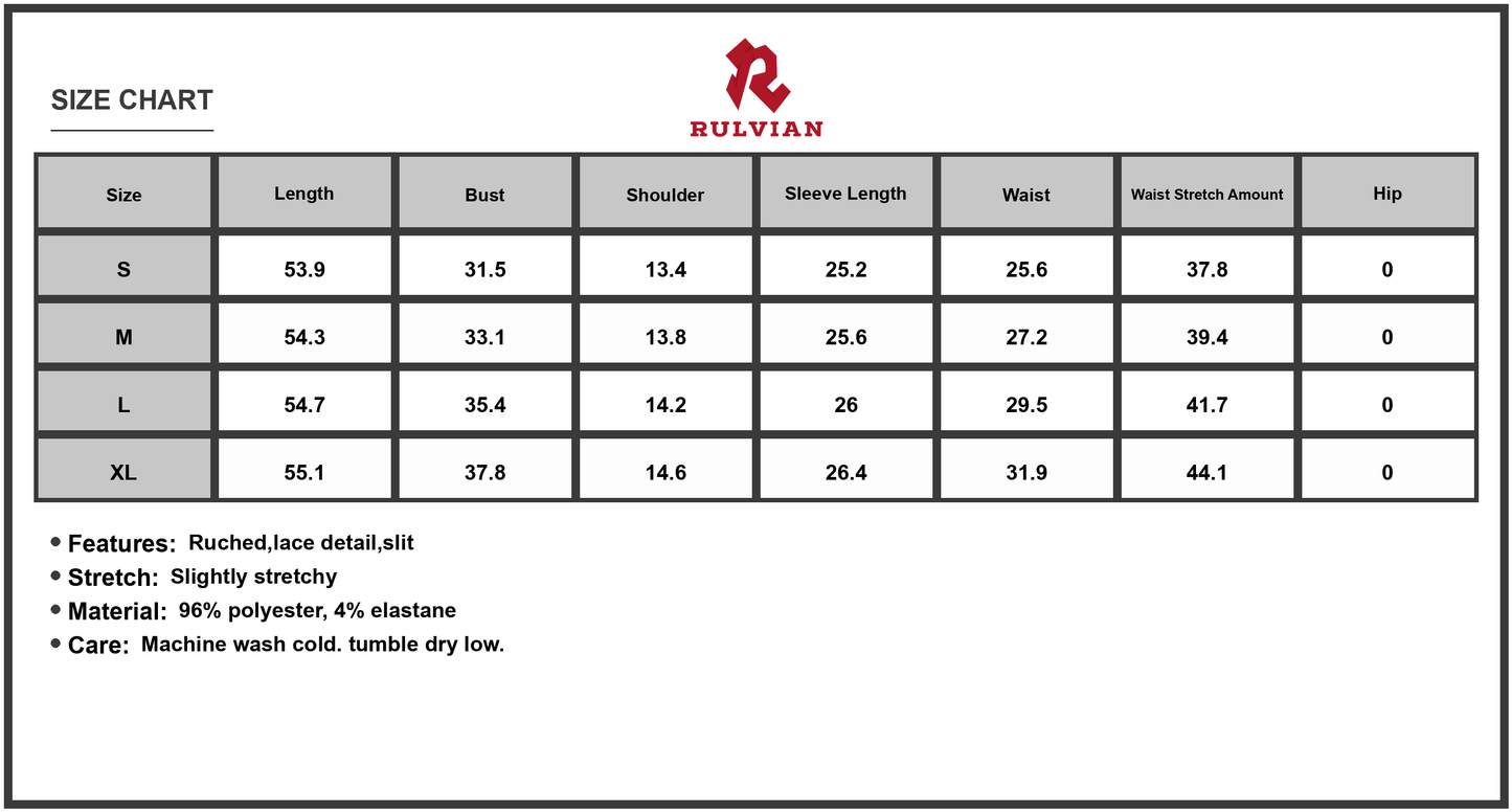Size Chart - Women's Bow Long Sleeve V Neck Maxi Dress with Ruched Lace Detail and Slit for Elegant Occasion and Comfortable Wear