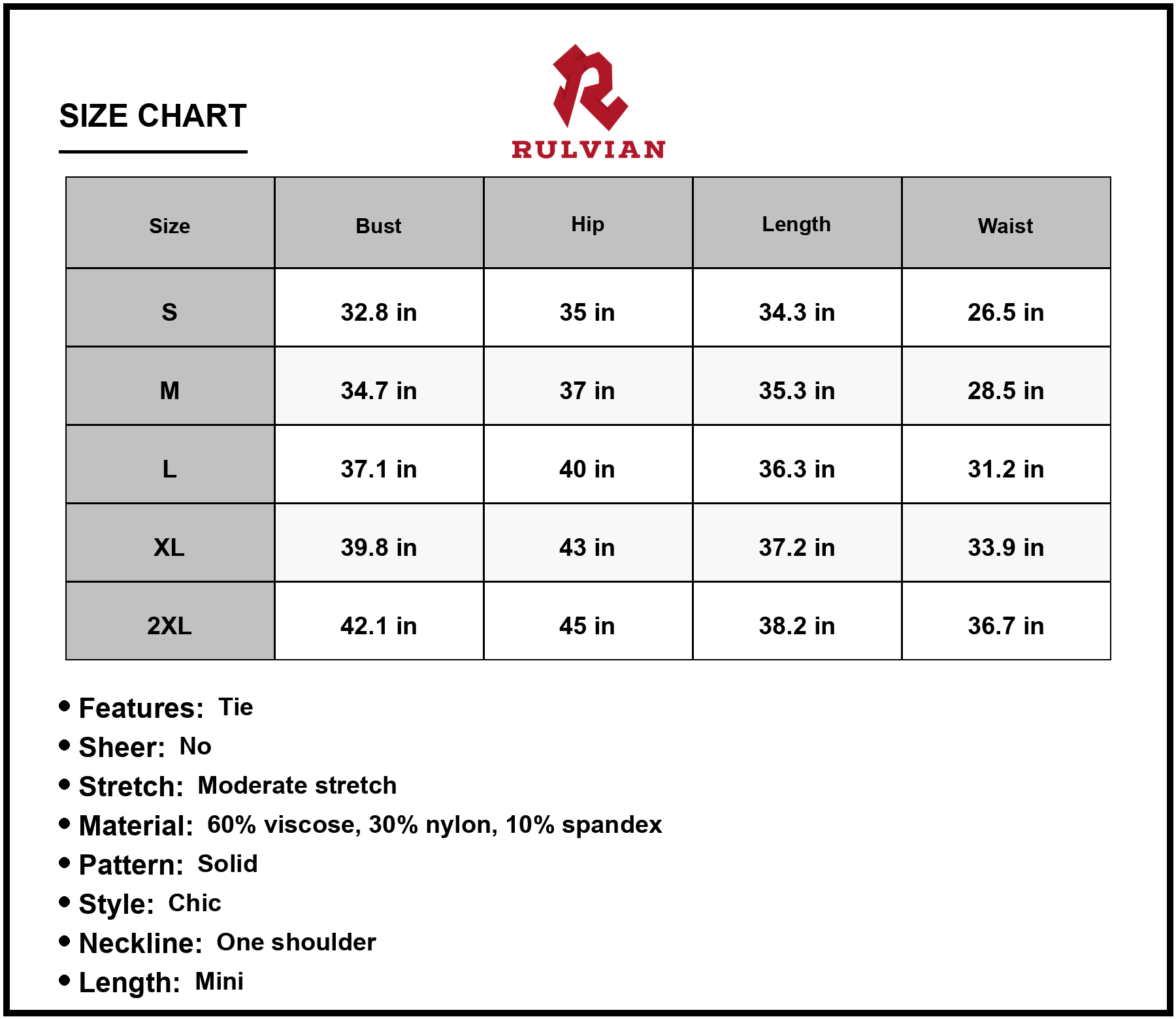 Size Chart - Women's Tie Front One Shoulder Mini Dress Solid Chic Tulip Hem 60% viscose 30% nylon 10% spandex for party wear