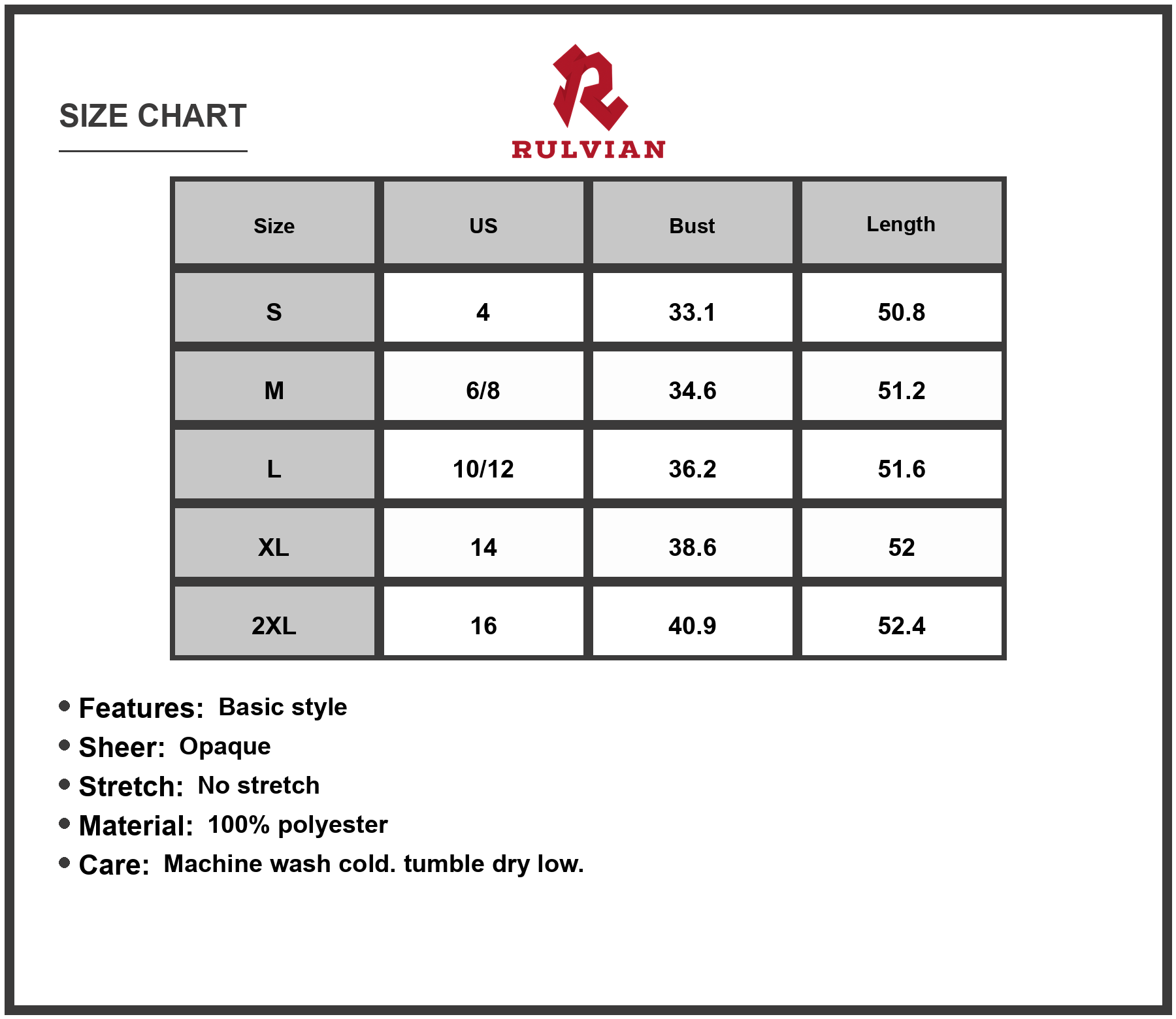 Size Chart - Women's Scoop Neck Midi Cami Dress 100% Polyester Fabric Opaque Not Lined Easy Care Machine Wash Cold Tumble Dry Low
