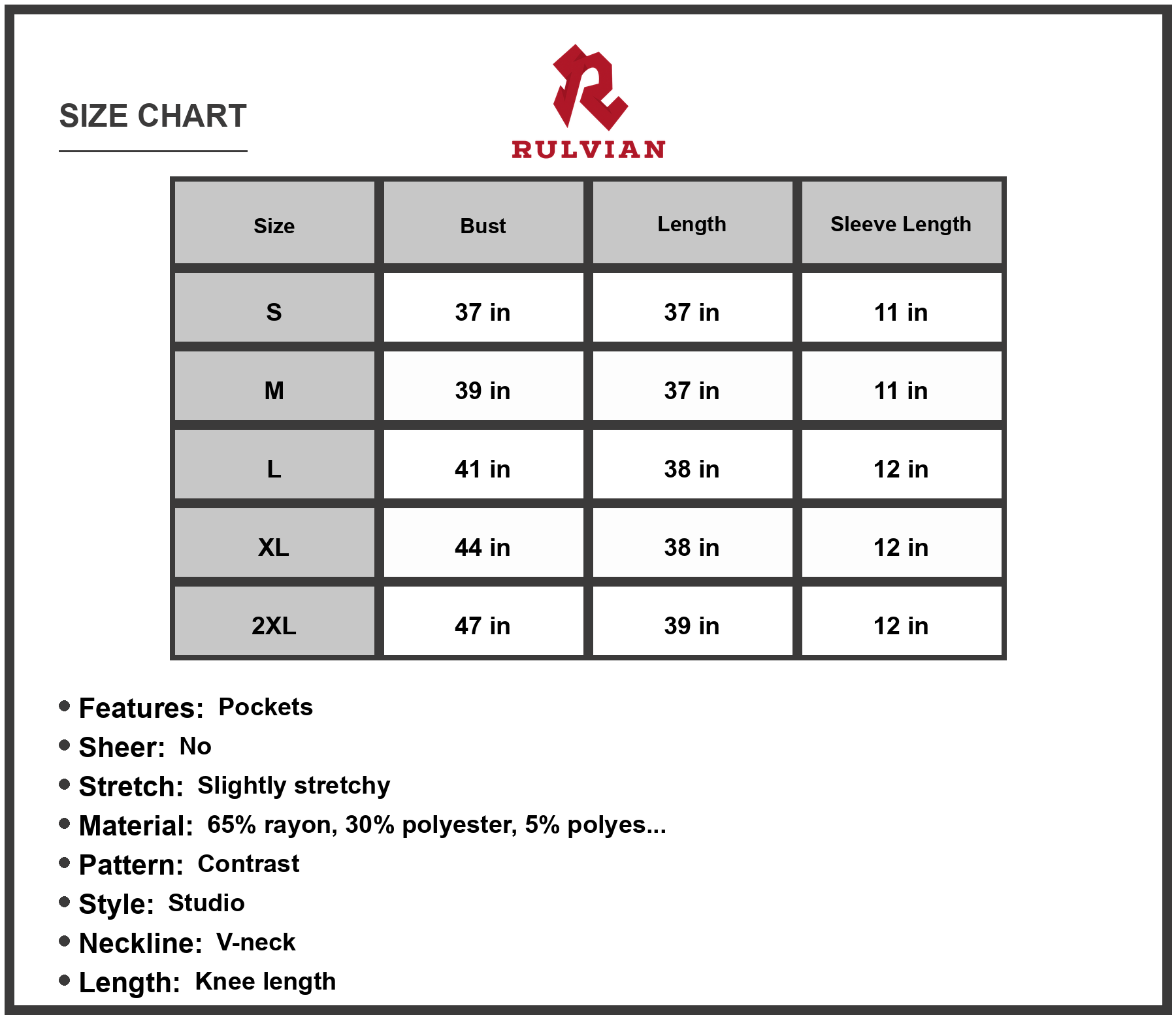 Size Chart - Women's V Neck Puff Sleeve Dress with Pocket Contrast Detail 65% rayon 30% polyester 5% polyester Knee Length