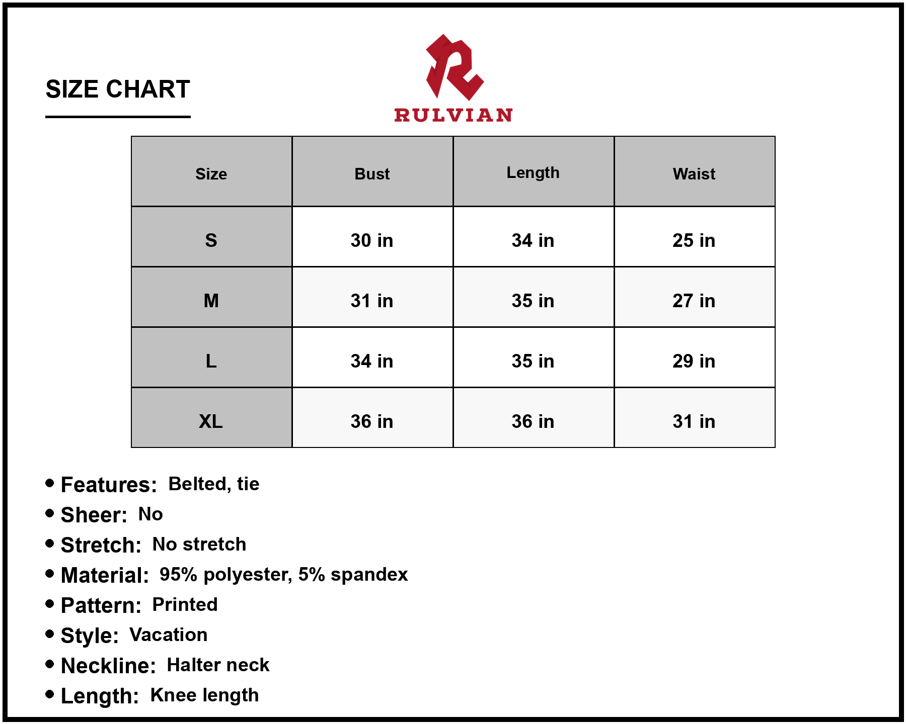 Size Chart - Womens Floral Halter Neck Dress Tie Waist Knee Sleeveless A Line Ninety Five Percent Polyester Five Percent Spandex