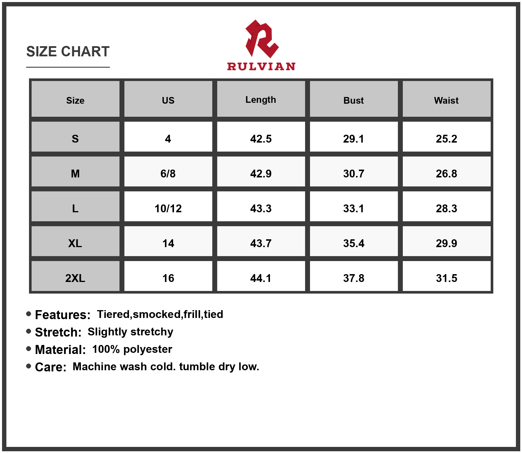 Size Chart - Women's Smocked Tiered Midi Dress with Tie Straps 100% Polyester Fabric Lightweight Flowing Silhouette for Summer