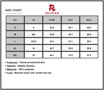 Size Chart - Women's Smocked Tiered Midi Dress with Tie Straps 100% Polyester Fabric Lightweight Flowing Silhouette for Summer