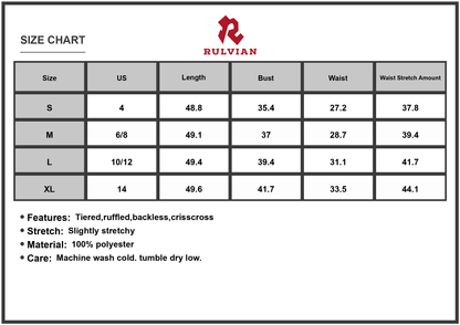 Size Chart - Women's Halter Neck Smocked Tiered Dress Backless Crisscross Stretch 100% Polyester Lightweight Flowy Summer Party