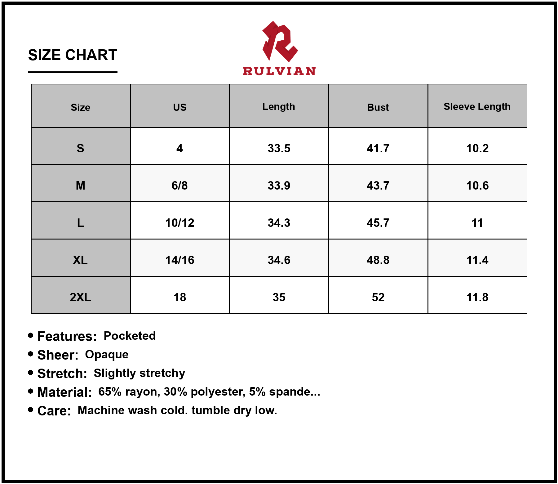 Size Chart - Women's Short Sleeve Dress with Pockets Lightweight Travel Friendly Everyday Wear 65% rayon 30% polyester 5% spandex