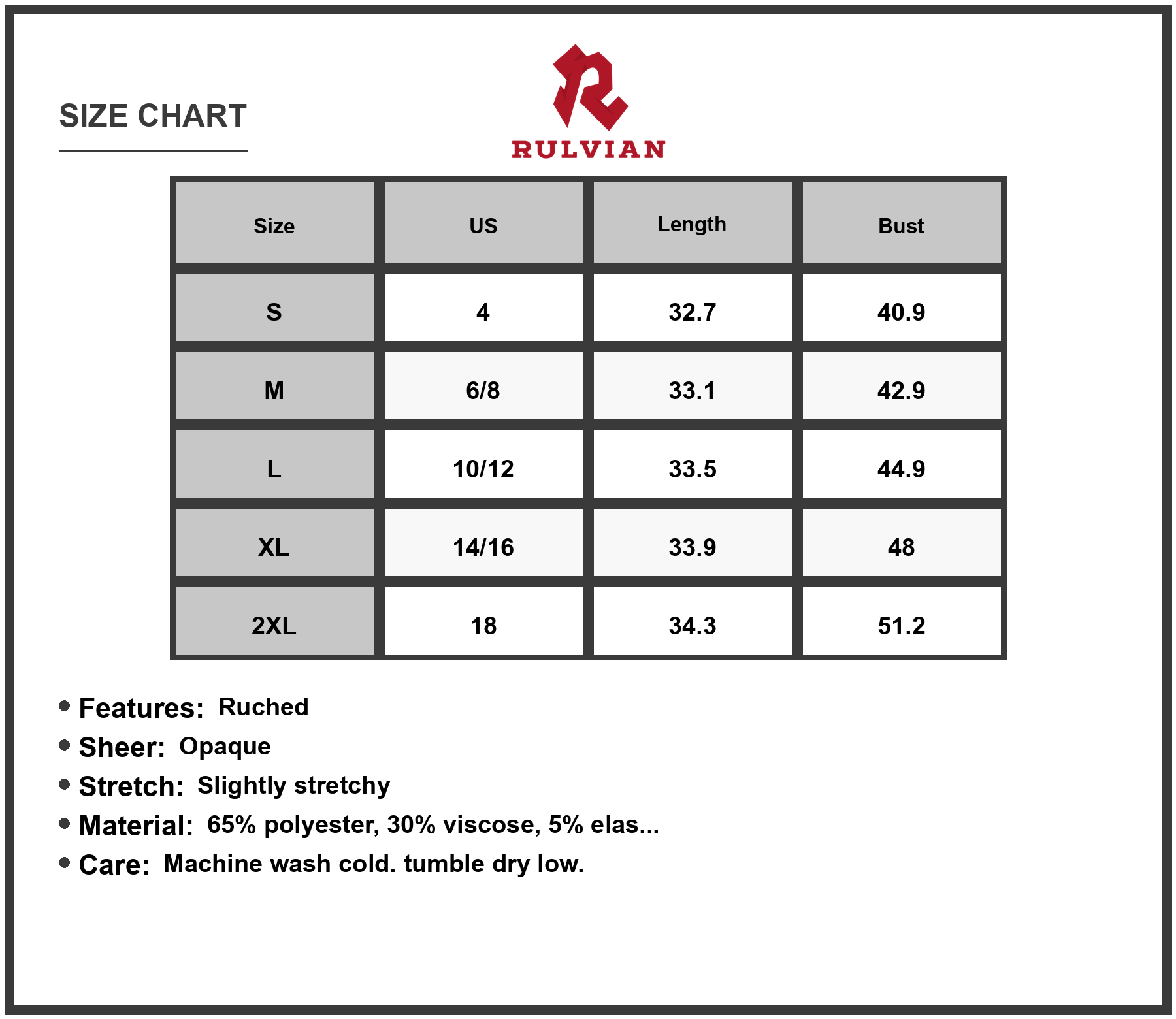 Size Chart - Women's Textured Grecian Neck Mini Dress Ruched Sheer Opaque Stretch Not Lined 65% Polyester 30% Viscose 5% Elastane