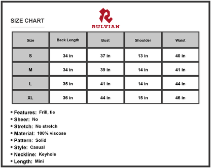 Size Chart - Women's Ruffled Tie Waist Keyhole Mini Dress Casual Cap Sleeve Frill for Summer Lightweight 100% viscose fabric