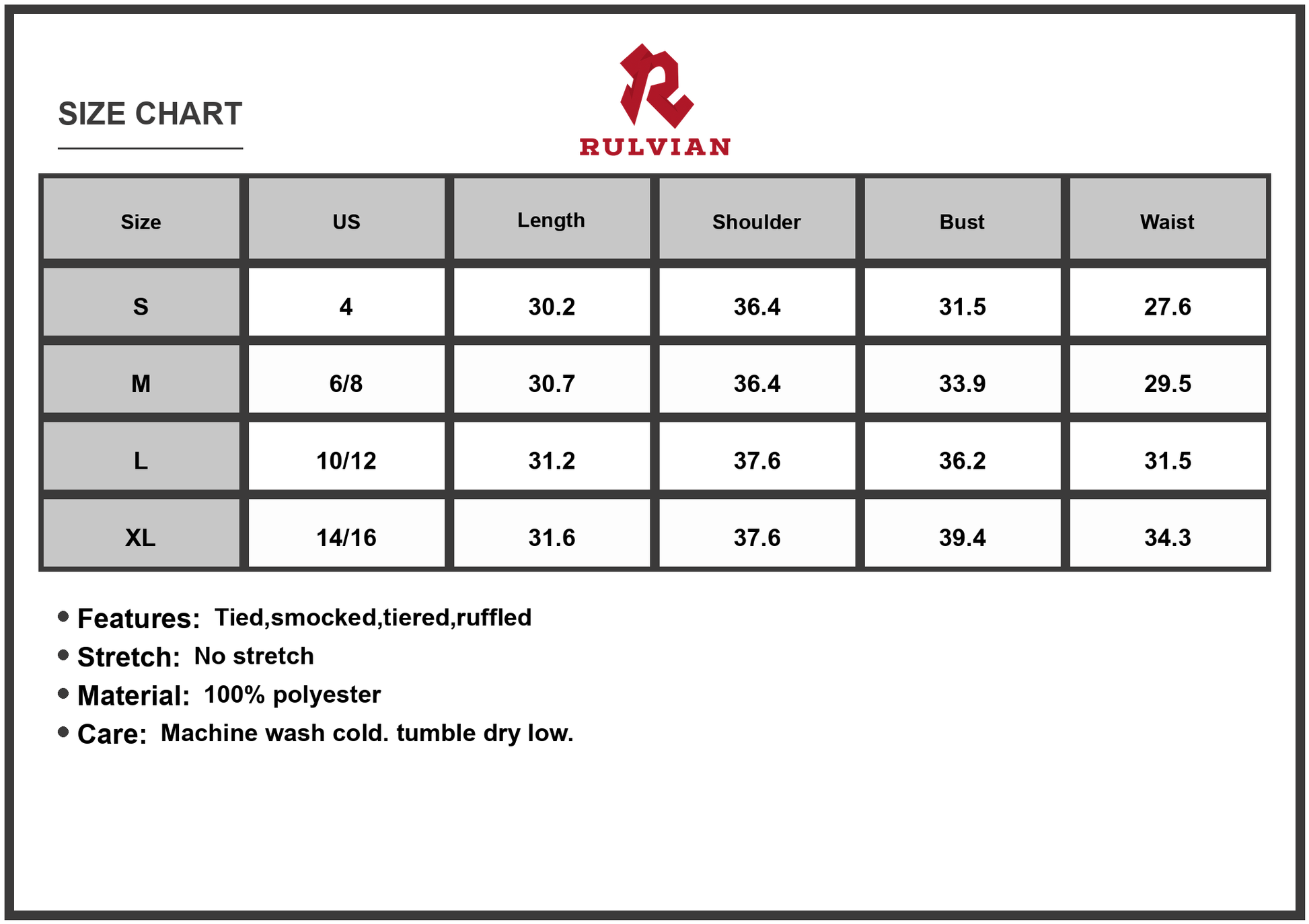 Size Chart - Women's Smocked Printed Tie Shoulder Mini Cami Dress 100% Polyester Tiered Ruffle Style for Summer Everyday Wear
