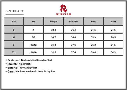 Size Chart - Women's Smocked Printed Tie Shoulder Mini Cami Dress 100% Polyester Tiered Ruffle Style for Summer Everyday Wear