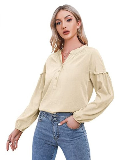 Size Chart - Women's Long-sleeved Buttoned Cotton And Linen Shirt With V-neck