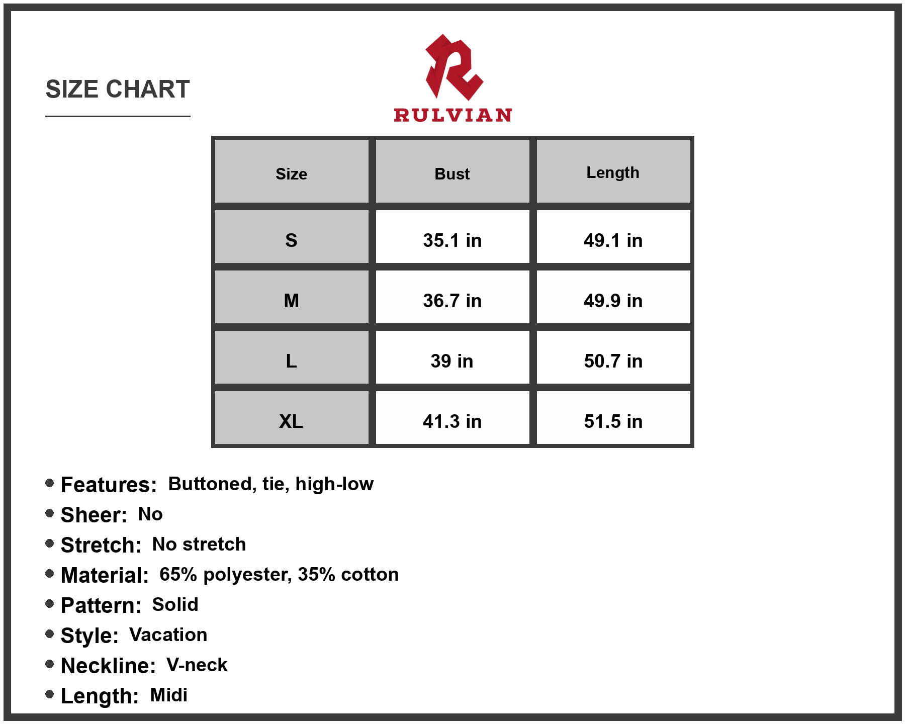 Size Chart - Women's Spaghetti Strap Button Midi Dress V Neck Tie Waist Sixty five percent polyester thirty five percent cotton