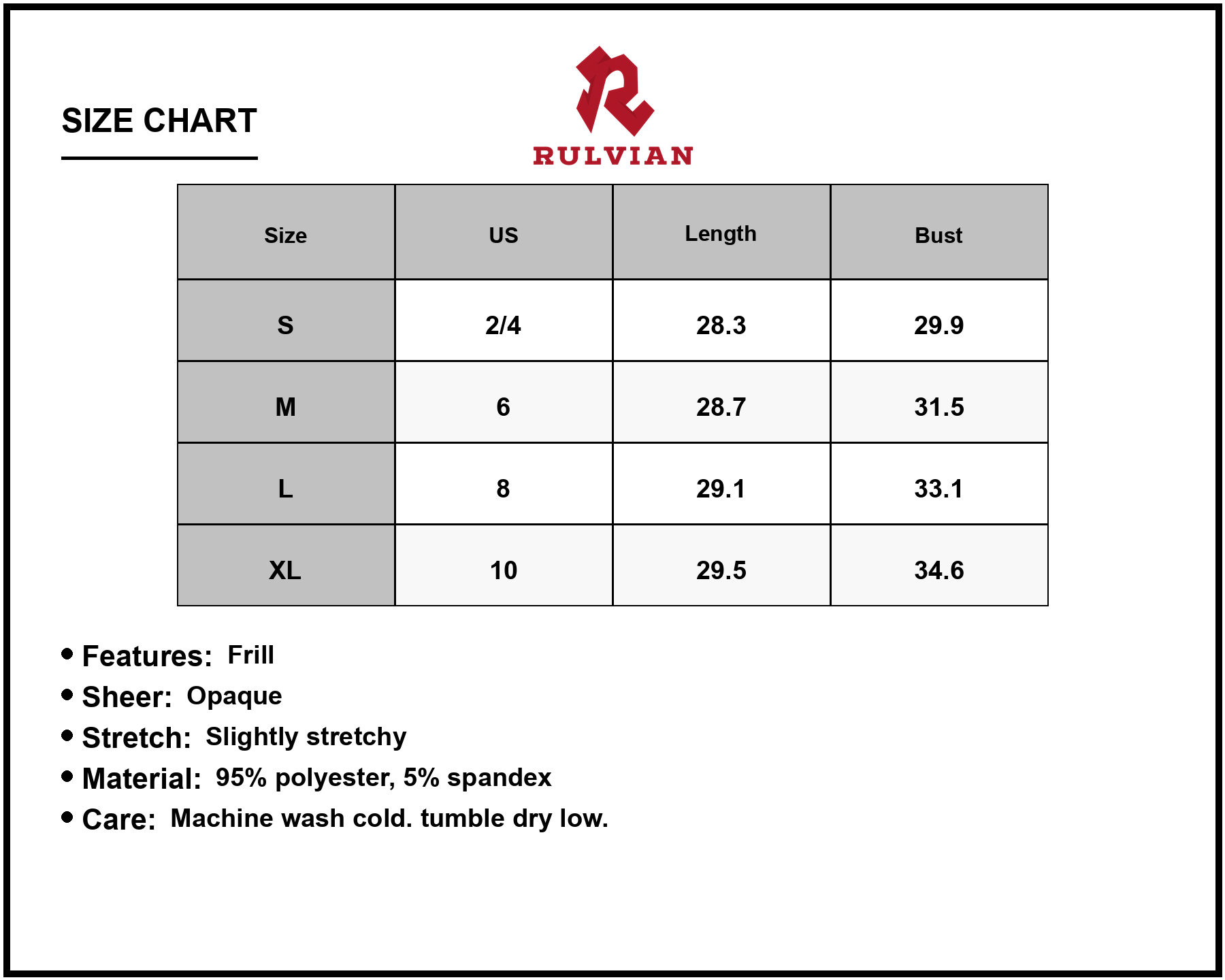 Size Chart - Women's Frill Tiered Tie Shoulder Mini Cami Dress 95% polyester 5% spandex Lightweight Casual wear for warm days