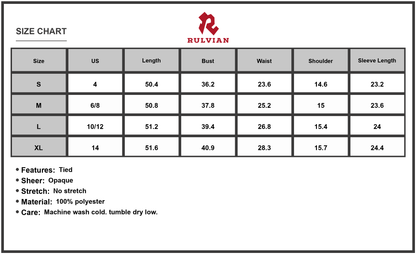 Size Chart - Women's Tied Polka Dot Long Sleeve Midi Dress 100% Polyester Sheer Bodice Not Lined Elegant Versatile Day to Night