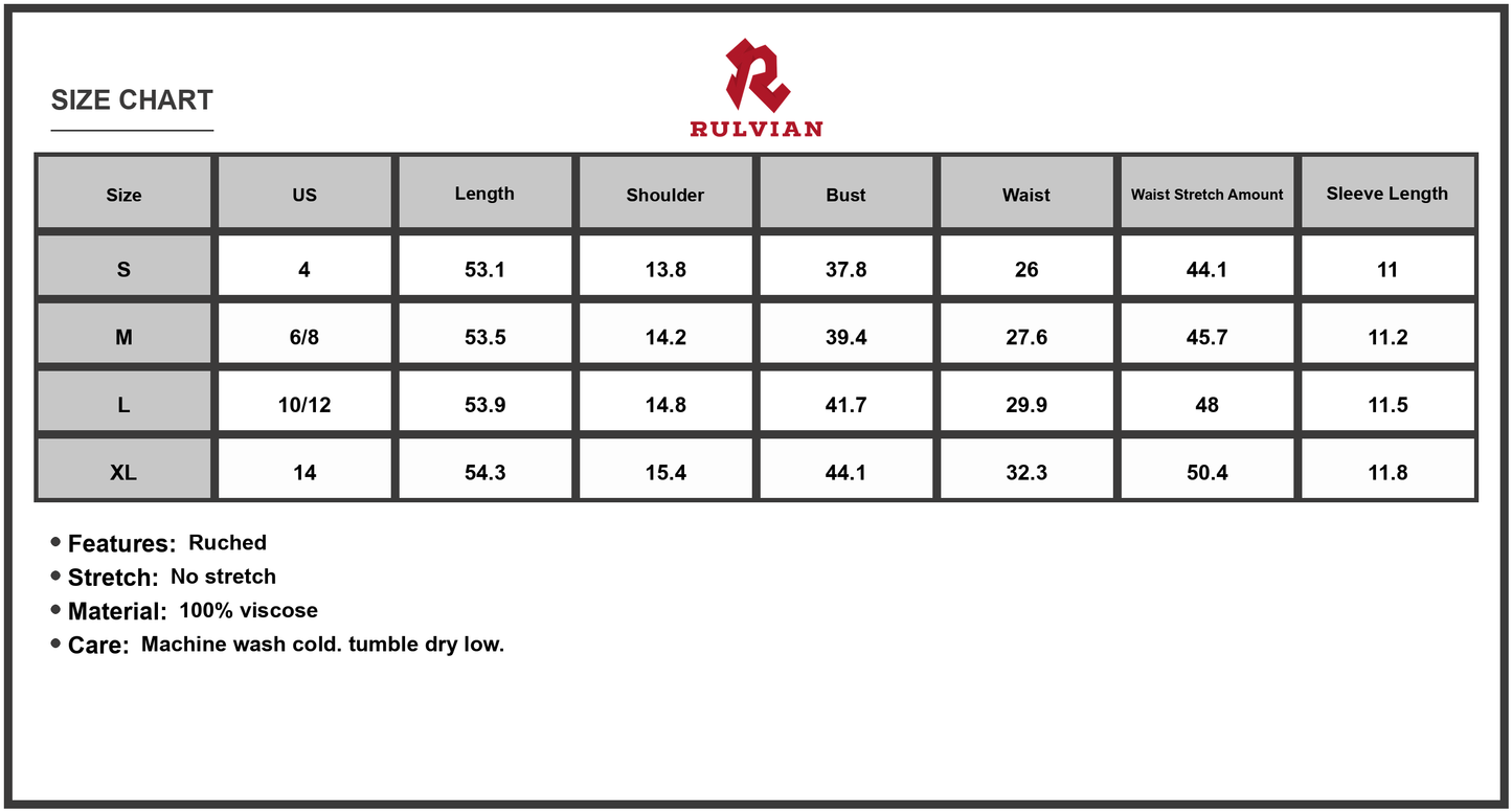 Size Chart - Women's Printed Short Sleeve Midi Dress Featuring viscose % fabric Ruched Silhouette for Flattering Fit and Everyday Wear