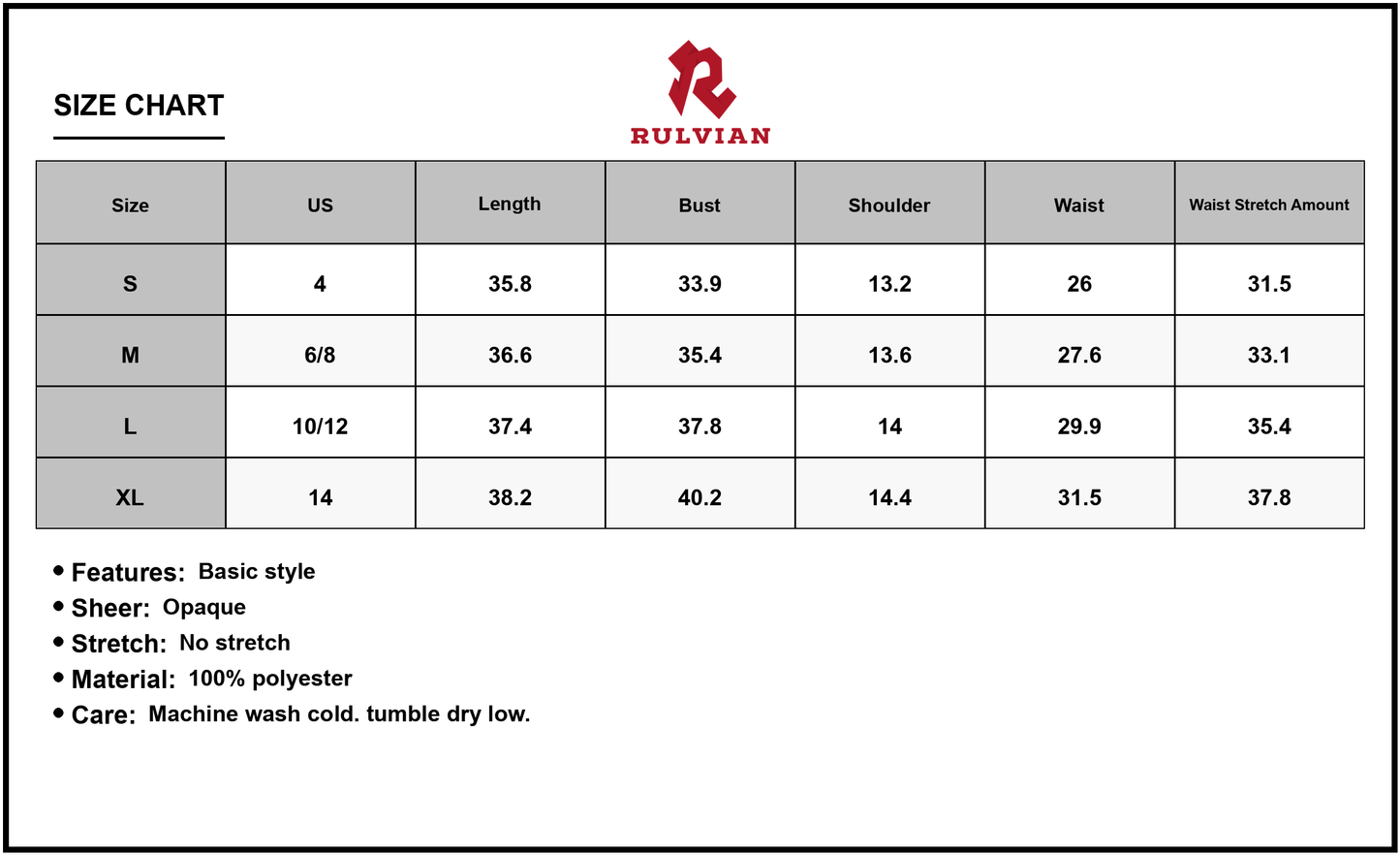 Size Chart - Womens Sleeveless Collared Neck Mini Dress 100% Polyester Lightweight Silhouette Perfect for Daywear and Evenings