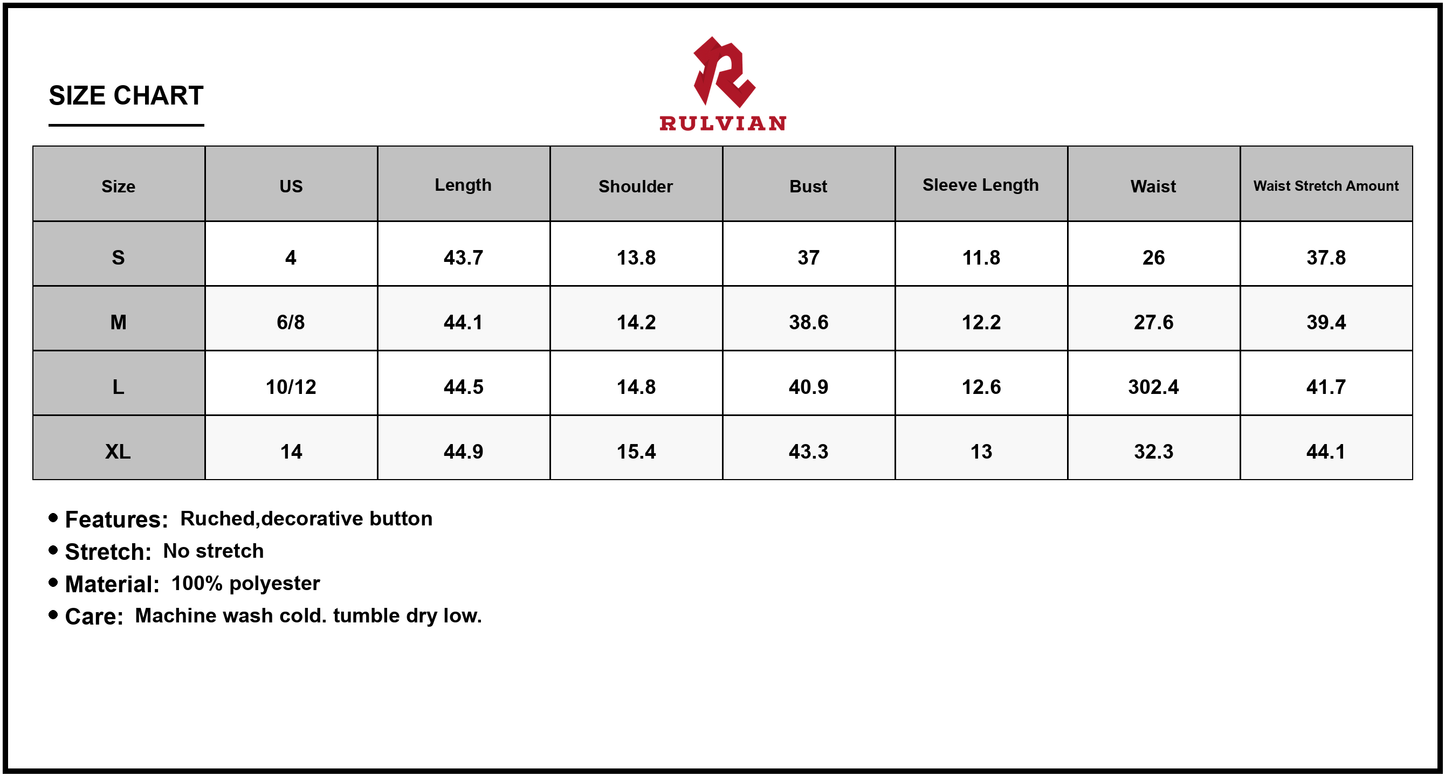 Size Chart - Women's Printed V Neck Flutter Sleeve Midi Dress with Ruched and Button Accent in Pure Polyester Fabric Percent