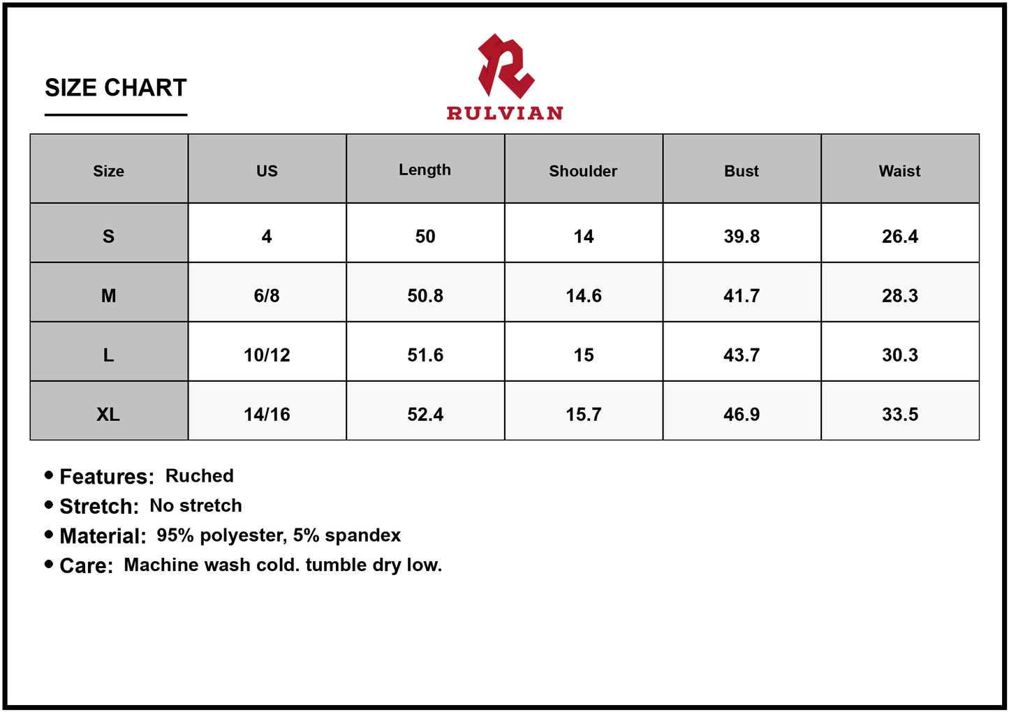 Size Chart - Women's V Neck Puff Sleeve Midi Dress with Ruched Detail Lined Body Lightweight Fabric 95% Polyester 5% Spandex