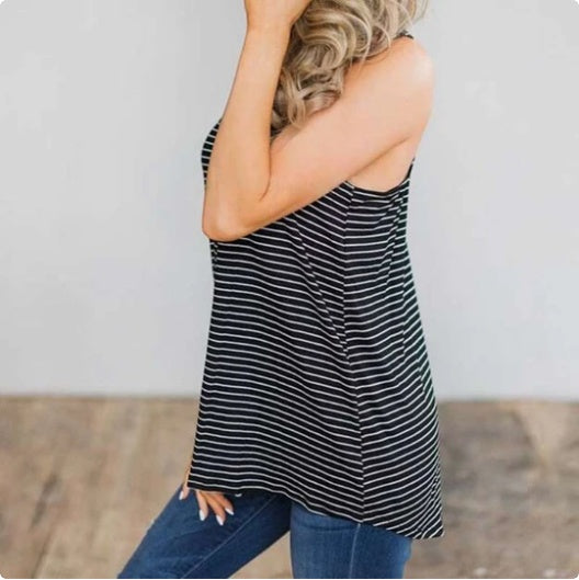 Men's Sleeveless Black And White Striped T Shirt With V Neck Cotton Polyester Blend For Breathable Comfort