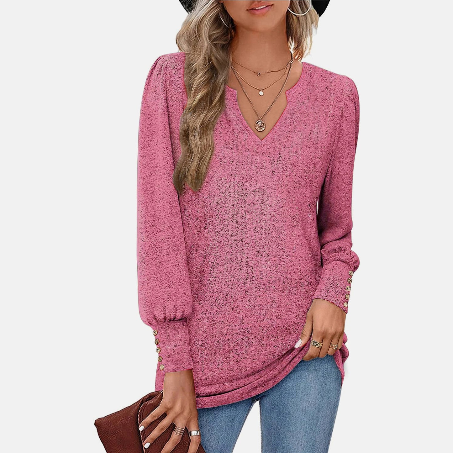 Women's V Neck Puff Sleeve Button Front Knit Sweater 100% Cashmere Solid Casual Top for Everyday Wear