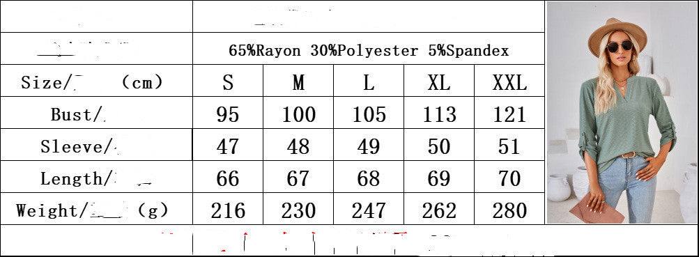 Size Chart - Women's V-neck Buttons Solid Color Long Sleeve Loose-fitting T-shirt Top