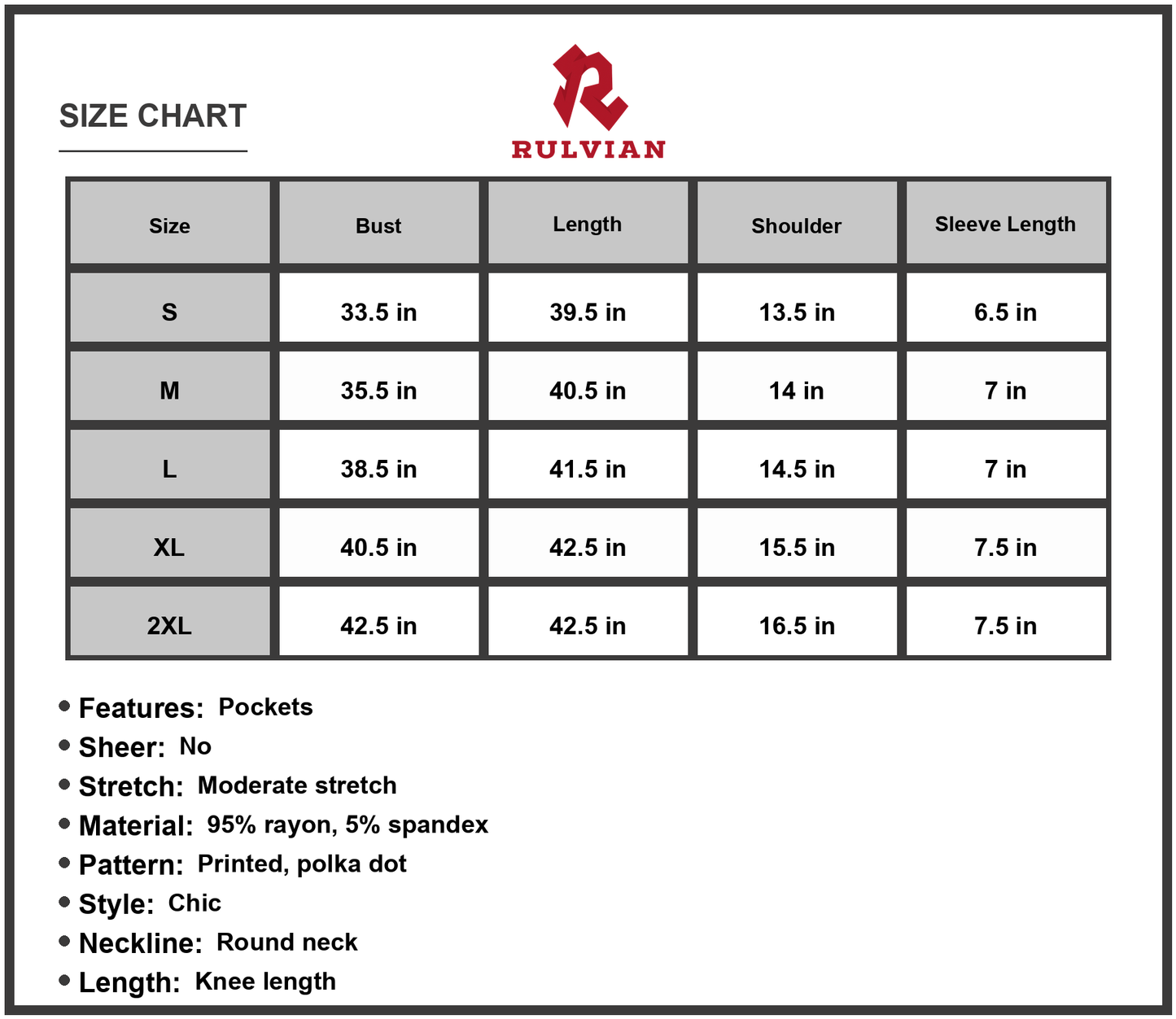 Size Chart - Women's Printed Round Neck Short Sleeve Dress with Pockets Chic A line Knee Length 95% Rayon and 5% Spandex Comfortable