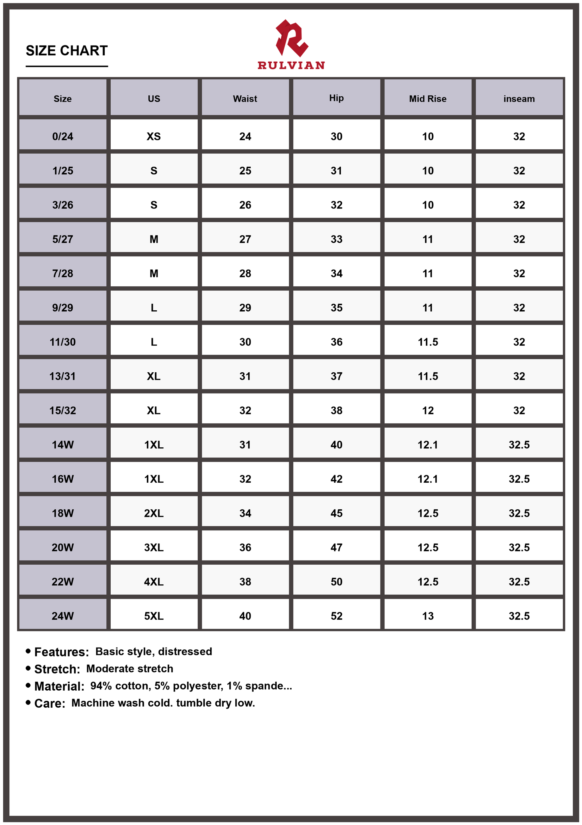 Size Chart - Women's Premium Mid Rise Distressed Destroyed Hem Denim Jeans Trendy Everyday Casual Fashion Forward Edgy Versatile Bottoms