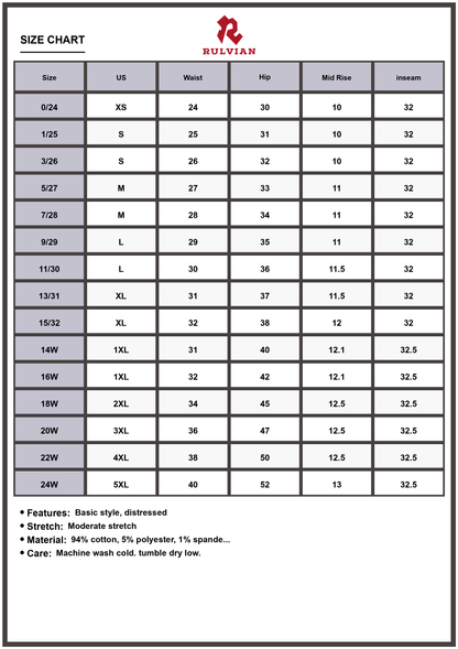 Size Chart - Women's Premium Mid Rise Distressed Destroyed Hem Denim Jeans Trendy Everyday Casual Fashion Forward Edgy Versatile Bottoms