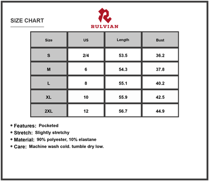 Size Chart - Women's Tropical Leaf Print V-Neck Maxi Cami Dress with Pockets 90% Polyester 10% Elastane for Daily Comfort and Style