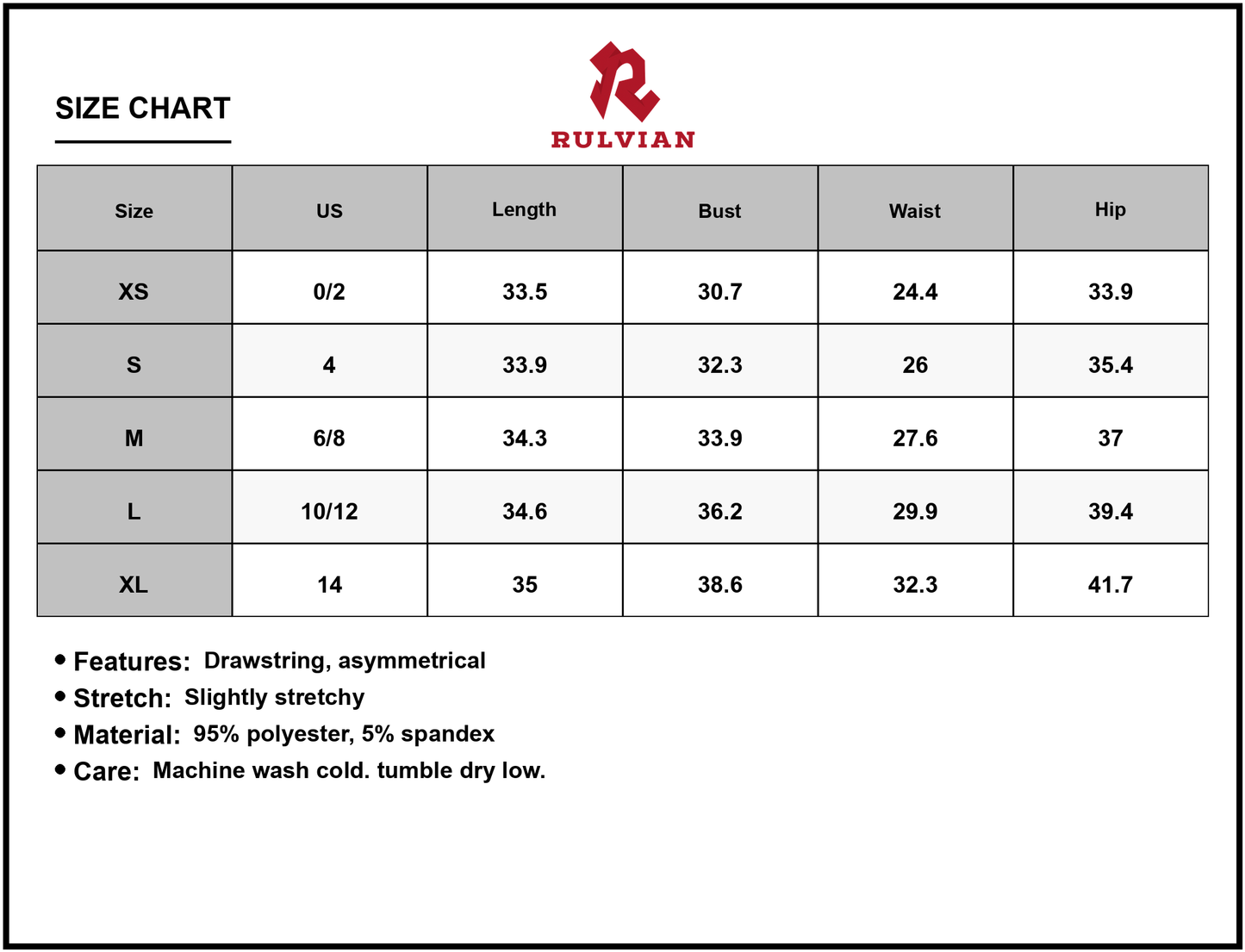 Size Chart - Women's Drawstring Ruched One Shoulder Mini Dress with Asymmetrical Stretch Silhouette 95% polyester 5% spandex