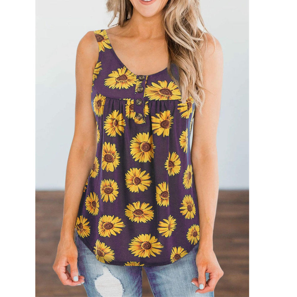 Men's Sleeveless Sunflower Print Casual Loose Vest Top Cotton 30% And Linen 10% To 29% With Acrylic Lining 1%
