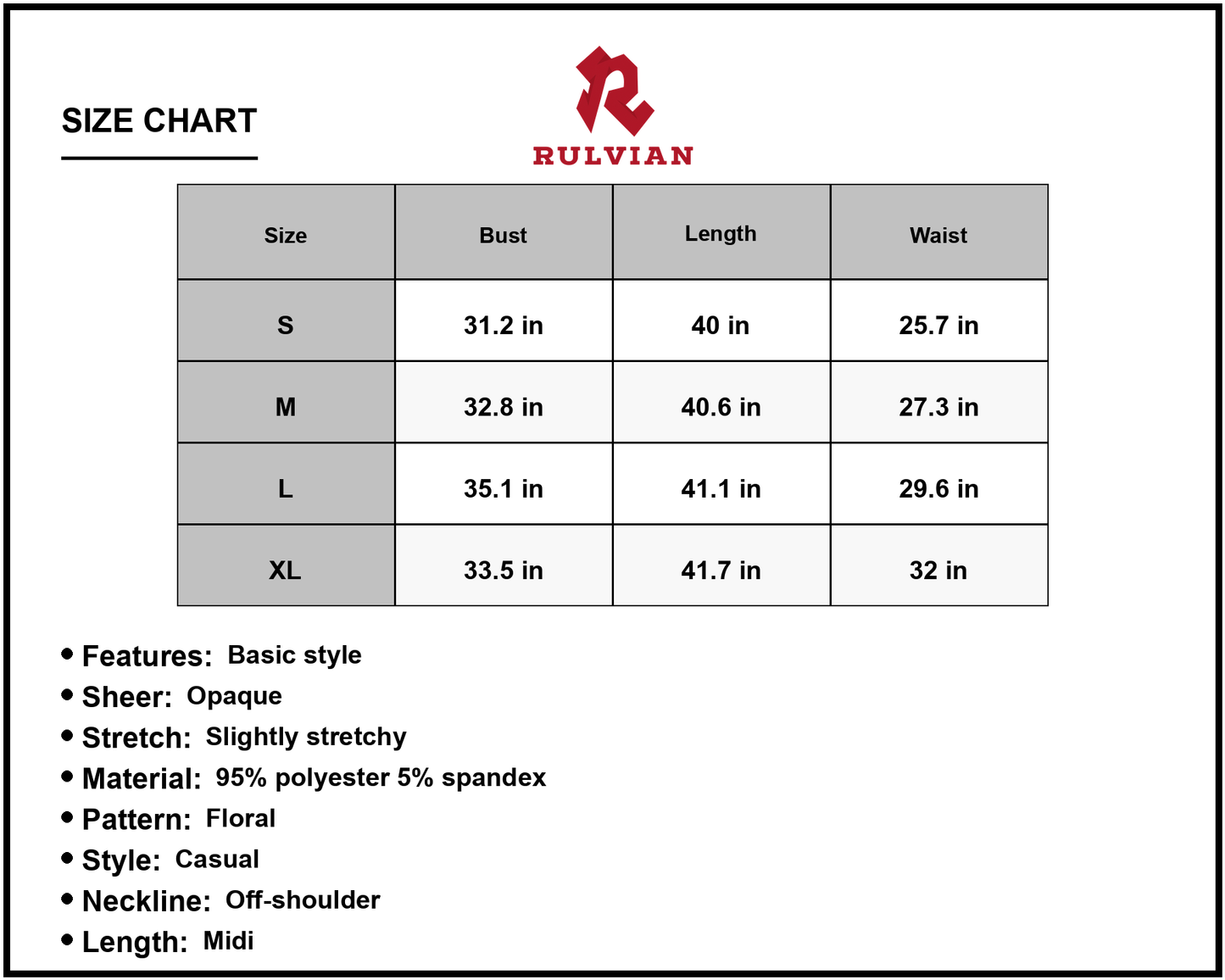 Size Chart - Women's Floral Printed Off Shoulder Midi Dress with Ruffle Hem Casual Summer Wear 95% Polyester 5% Spandex Fabric