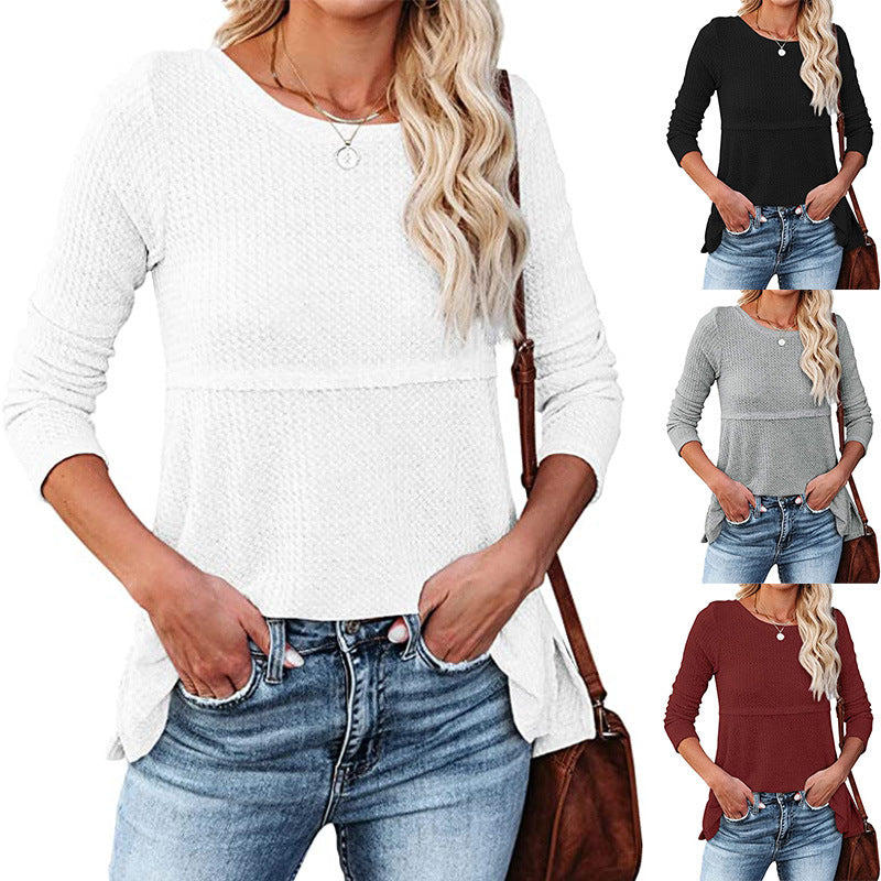 Women's Waffle Back Hollow Round Neck Long Sleeve Top Cotton % Breathable Street Style Loose Fit Daily